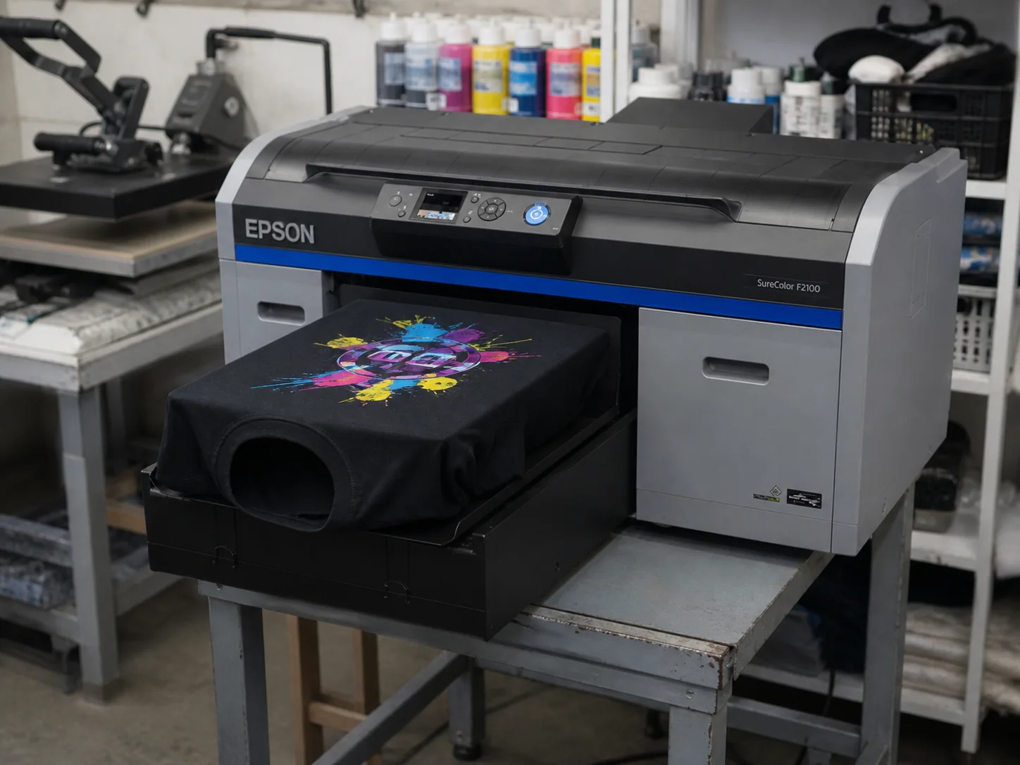 Компактный DTG-принтер Epson SureColor SC-F2100 с выдвинутым столом и чёрной футболкой
